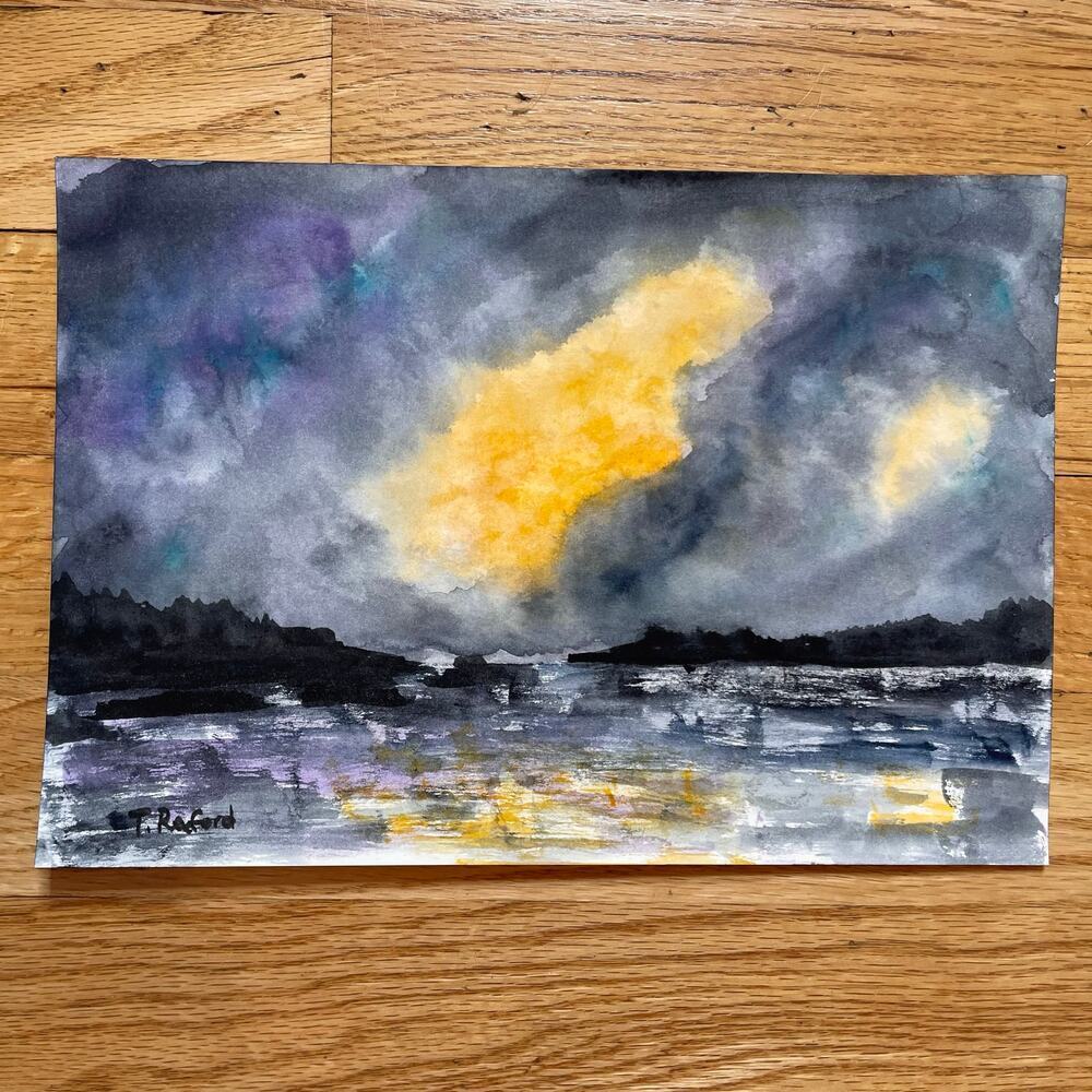 Hand painted watercolor original painting stormy sky ocean